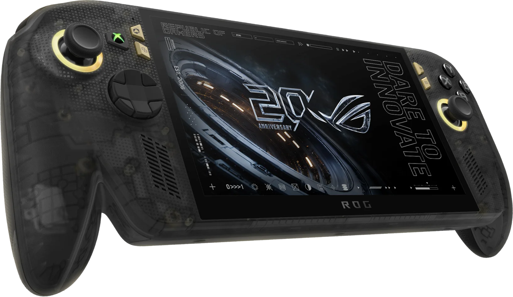 ROG Xbox Ally X20 translucent black and gold gaming handheld
